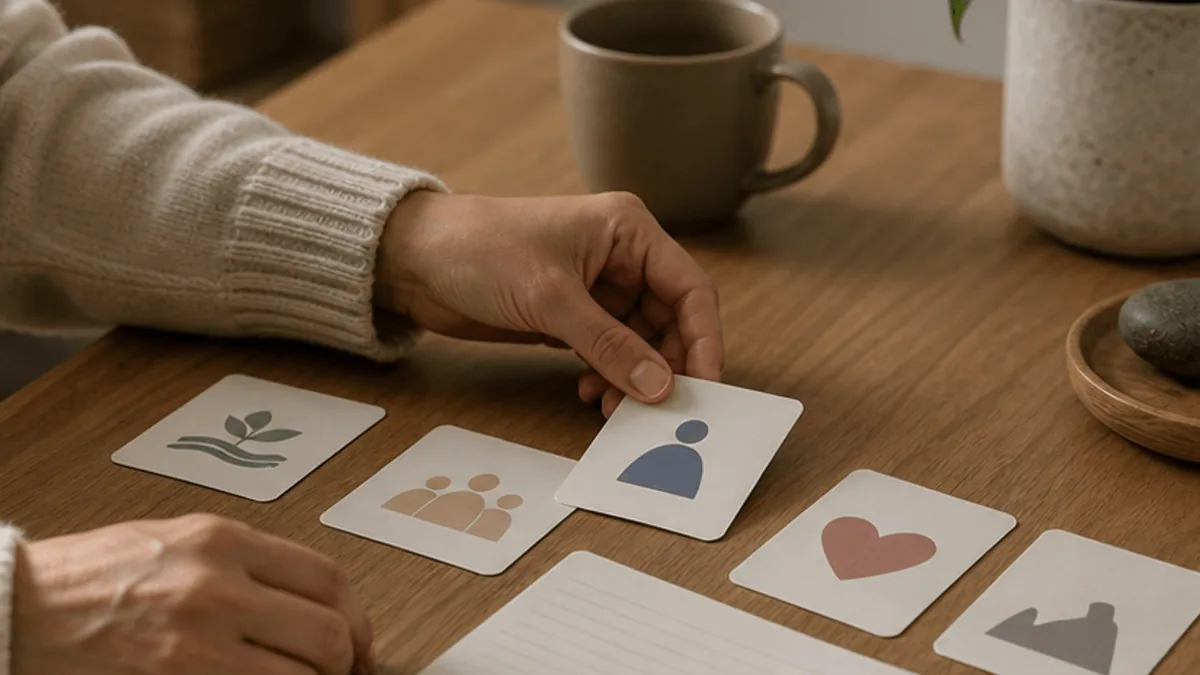 Hands arranging blank value cards beside a journal for ACT reflection