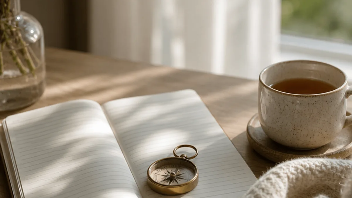 A compass and journal on a calm desk for values-based action