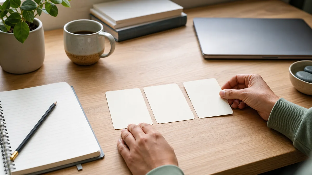 Hands arranging blank note cards for CBT thought tracking