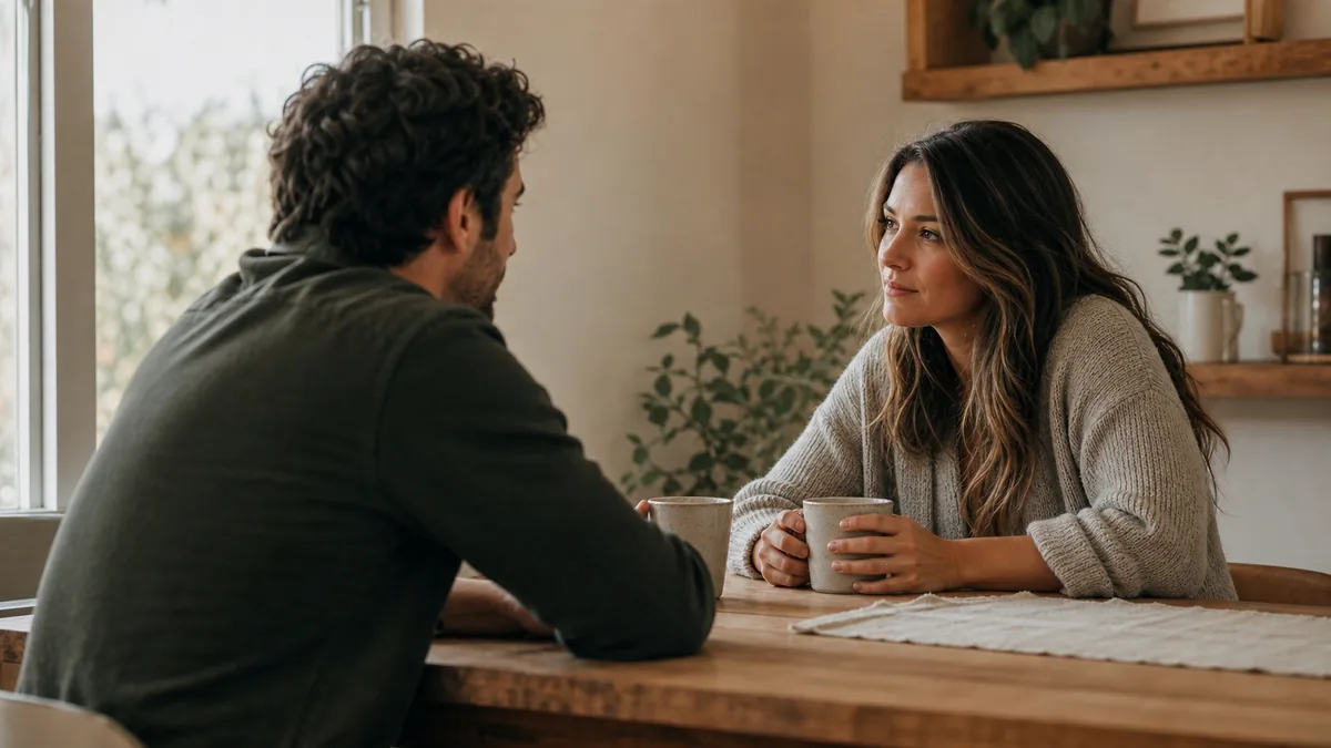 Two people having a calm conversation at a warm home table