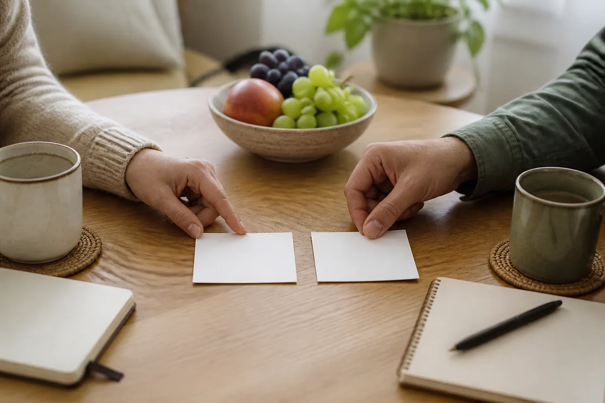 Two hands placing blank note cards together for relationship reflection
