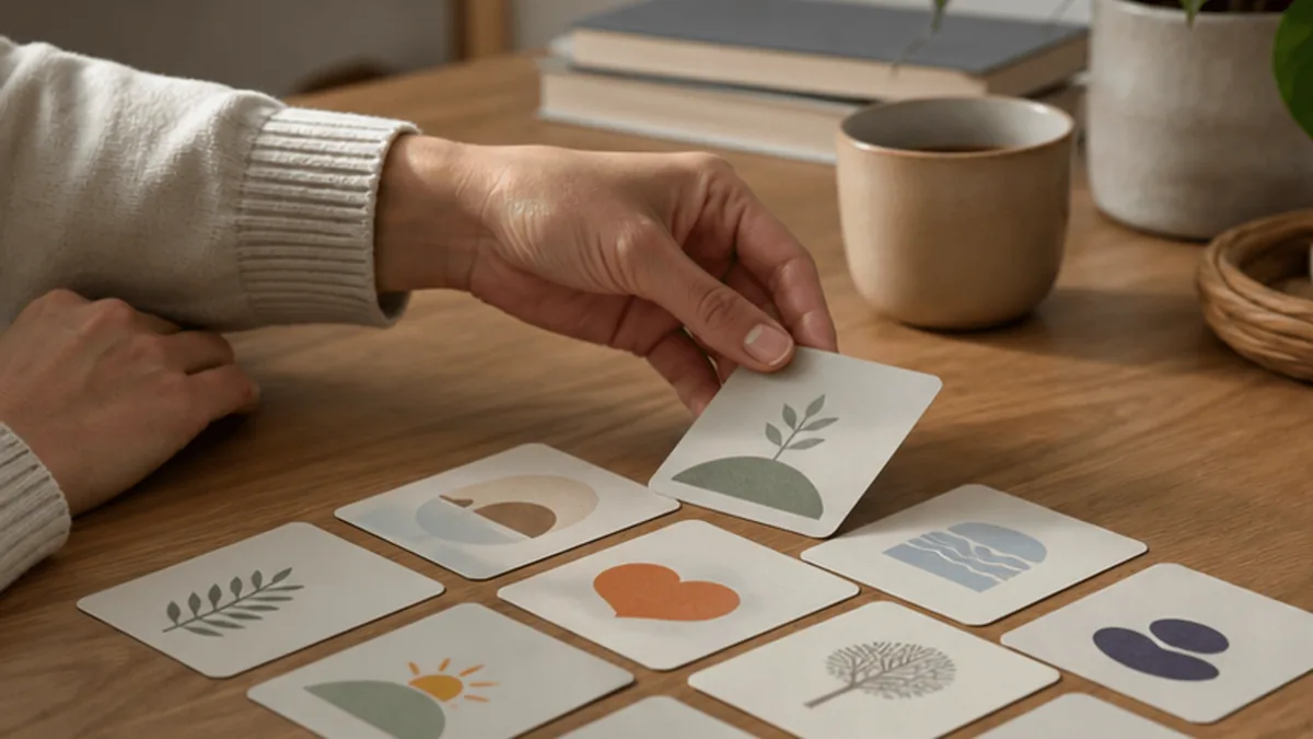 Hands arranging emotion regulation cards for DBT skills practice