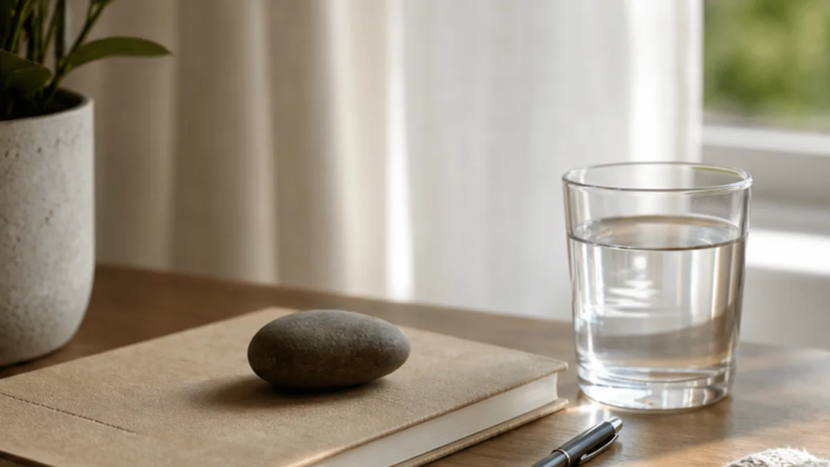 A grounding journal with water and a smooth stone in soft daylight