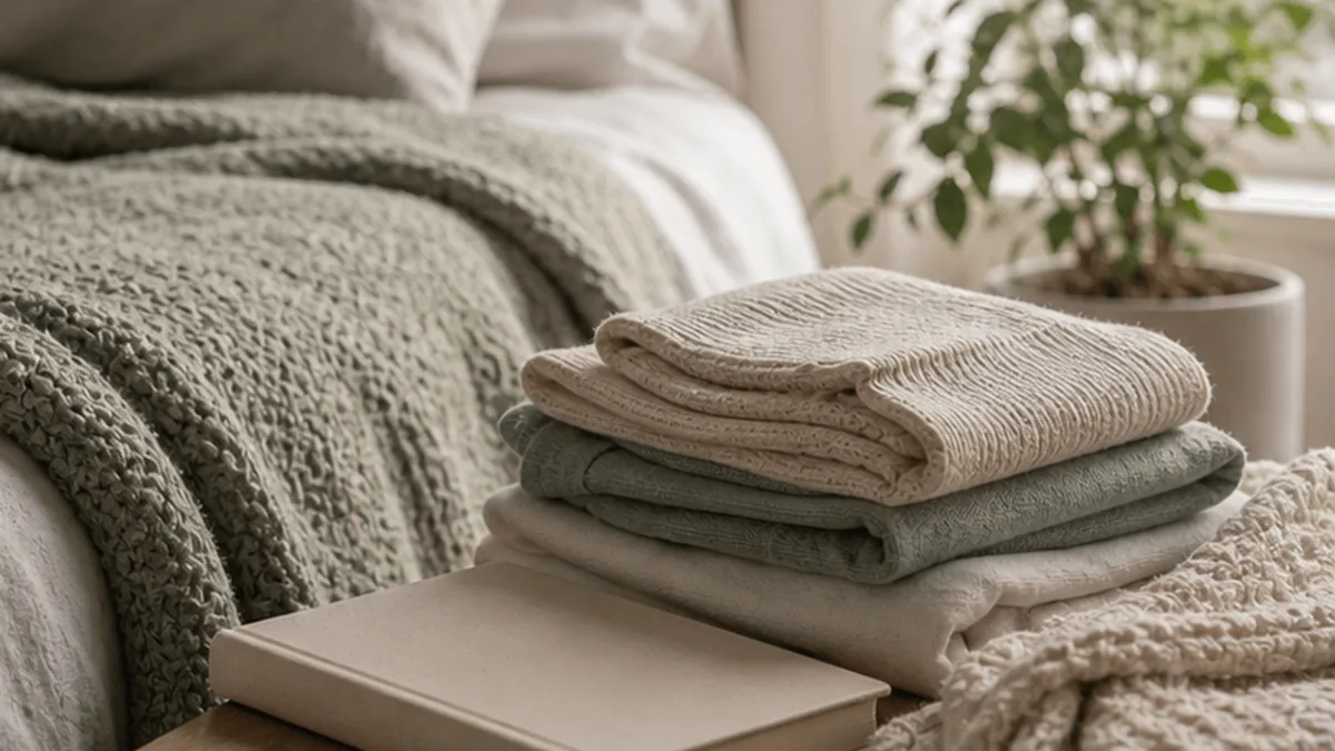 A calm bedroom corner with folded clothes and notebook for body image reflection