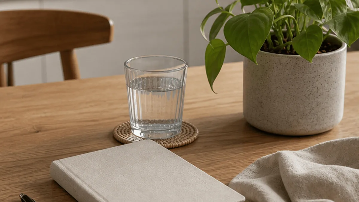 A neutral table with journal and water for eating disorder support