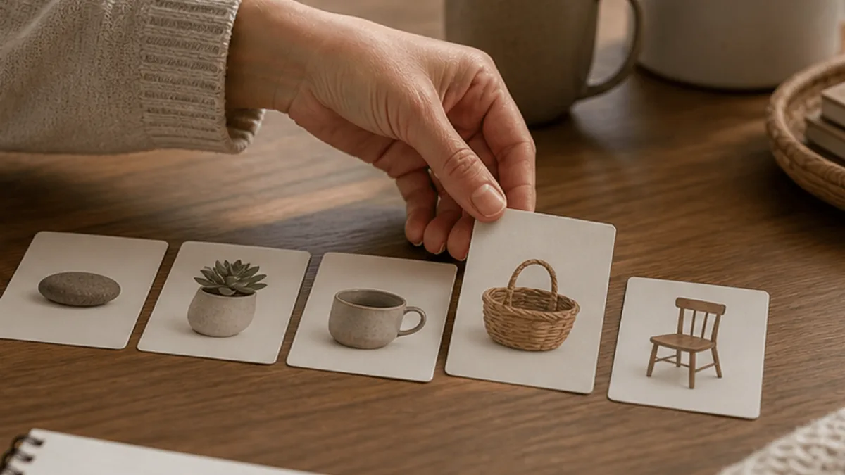 Hands arranging neutral cards for a gentle exposure hierarchy