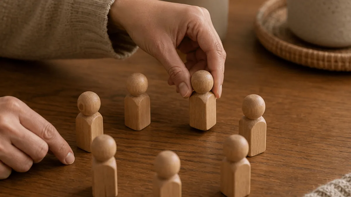 Hands arranging wooden blocks in a circle for family boundaries