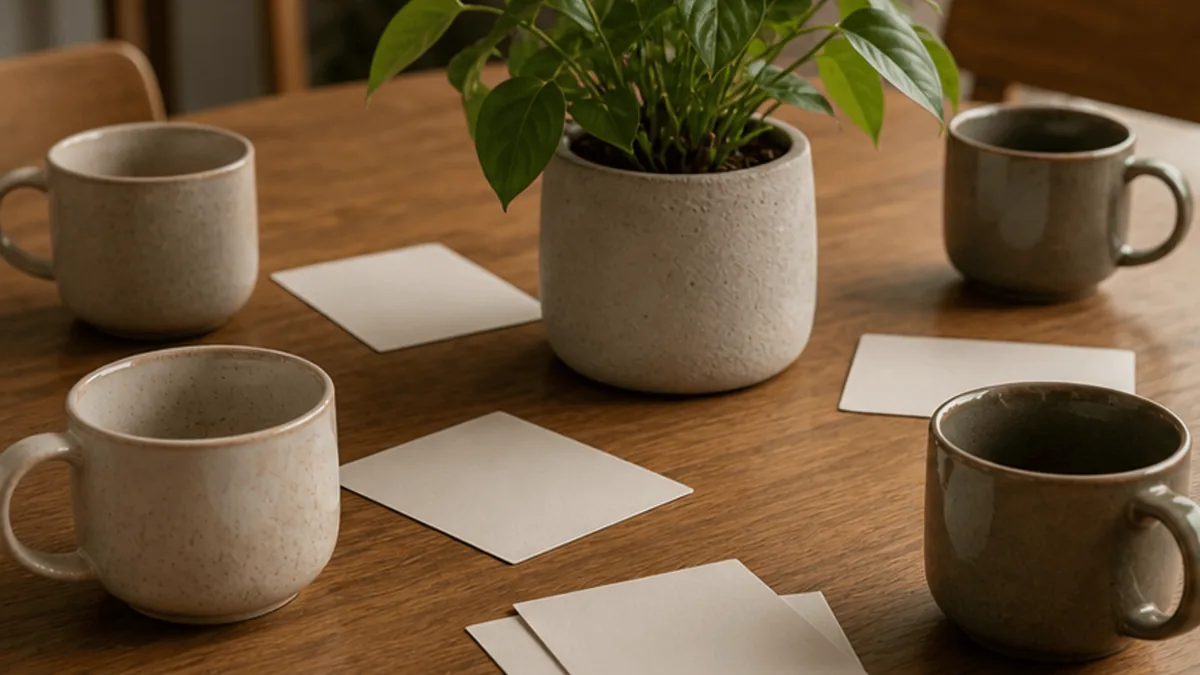 A family conversation table with mugs and blank cards