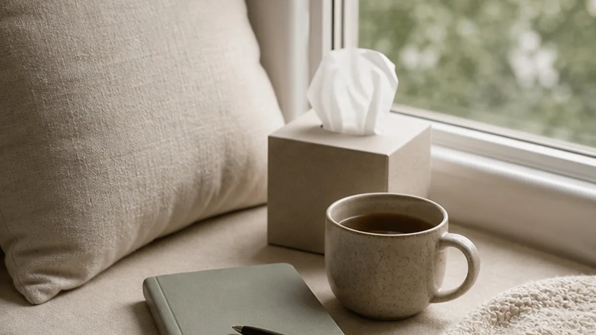 Un rincón junto a la ventana con té y cuaderno para apoyo en duelo