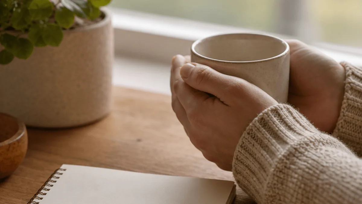 Hands holding a warm mug beside a blank notebook for authentic reflection