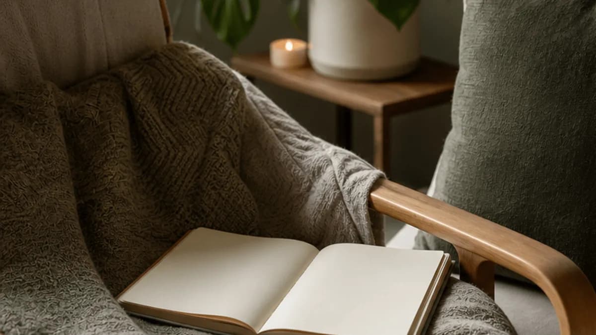 A soft chair and open journal for humanistic self-acceptance