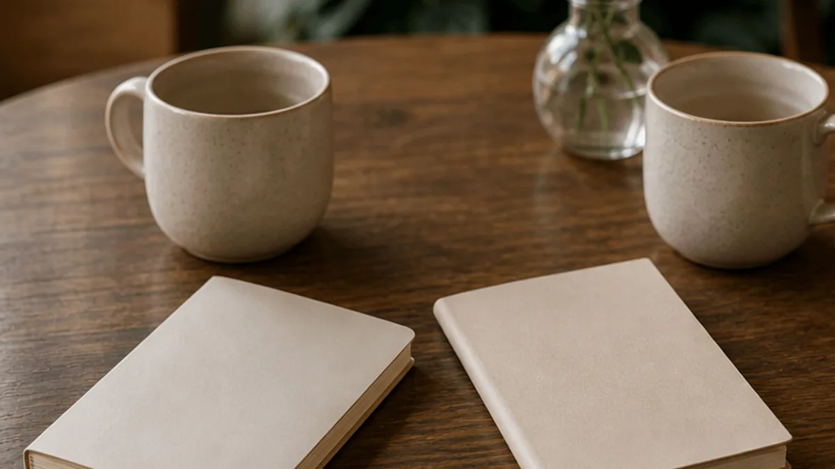 Two mugs and blank notebooks on a table for interpersonal reflection