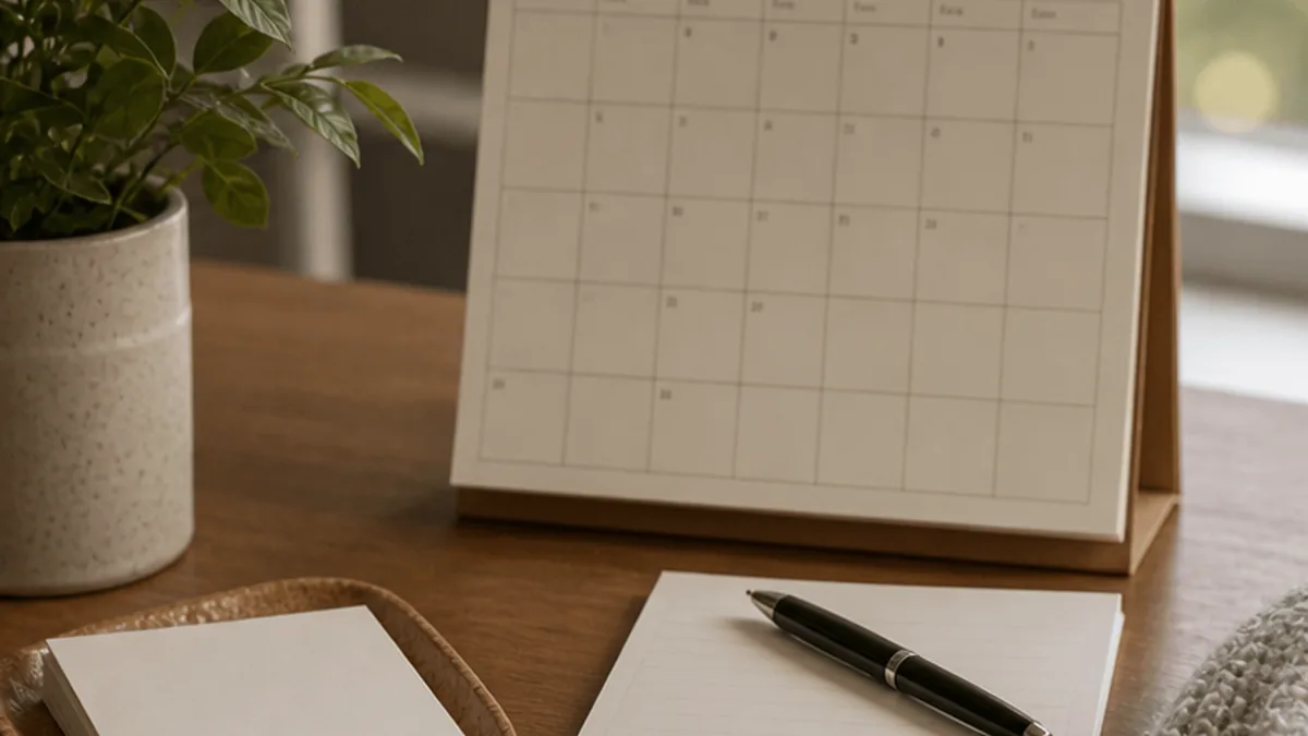 A calendar and note cards for tracking social rhythm and mood