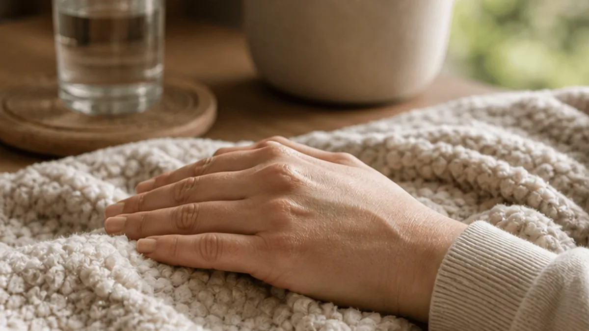 Hands resting on a soft blanket for sensory grounding