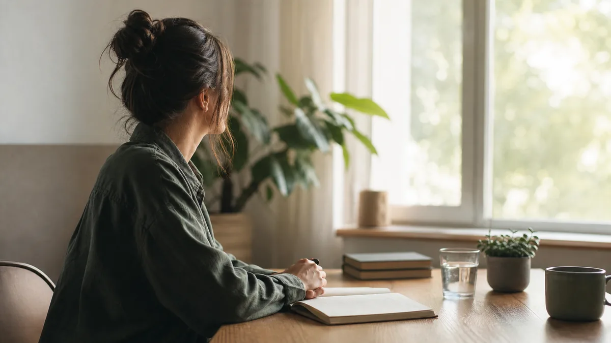 A person journaling beside a bright window for private anxiety reflection