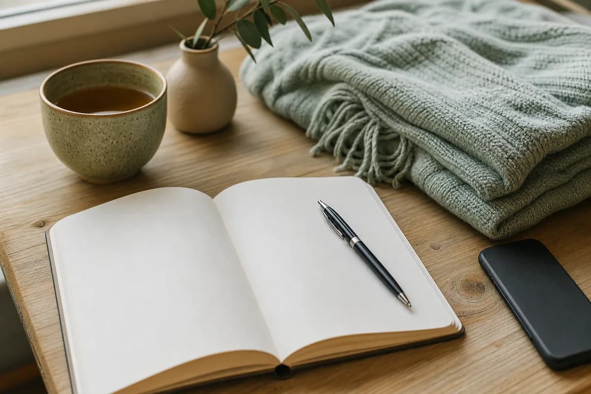 A calm journal and grounding objects on a table for anxiety self-support