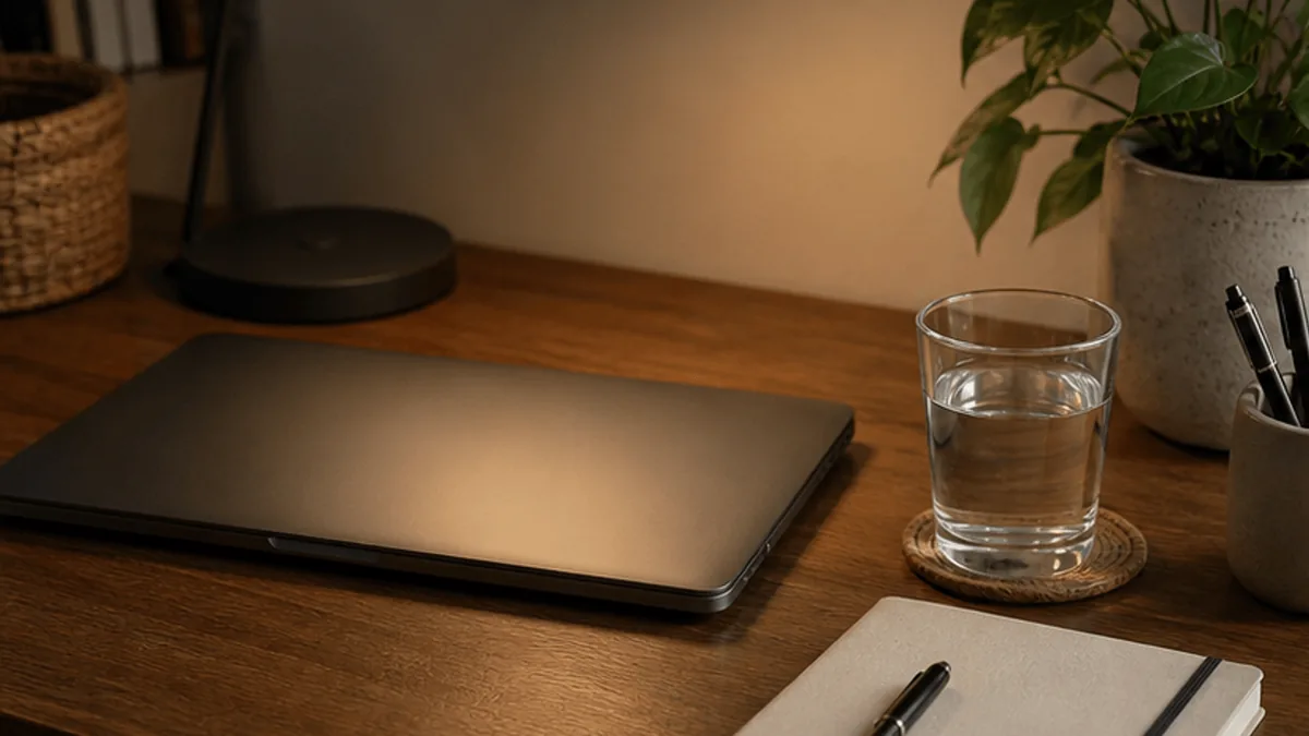A closed laptop and planner for burnout recovery boundaries