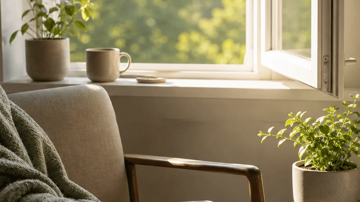 Morning light over a chair and notebook for depression reflection