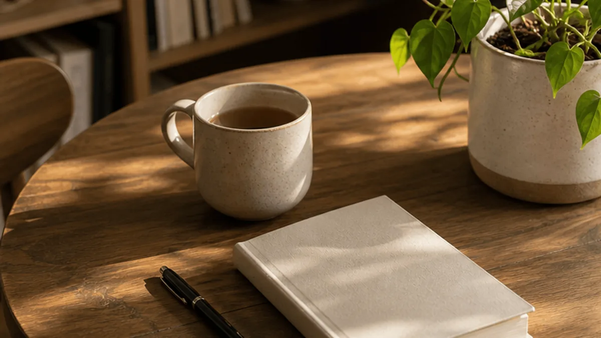 Una mesa para una persona con bebida cálida y diario para reflexionar sobre soledad