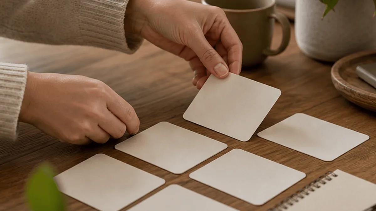 Hands arranging blank cards for kinder self-talk practice