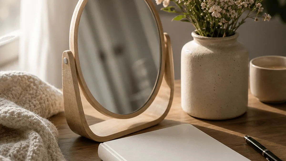 An angled mirror and journal for low self-esteem reflection
