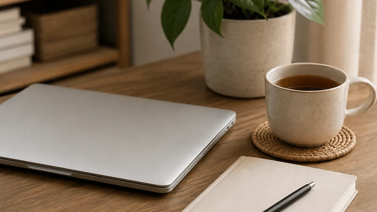 A closed laptop and notebook for pausing stress overload