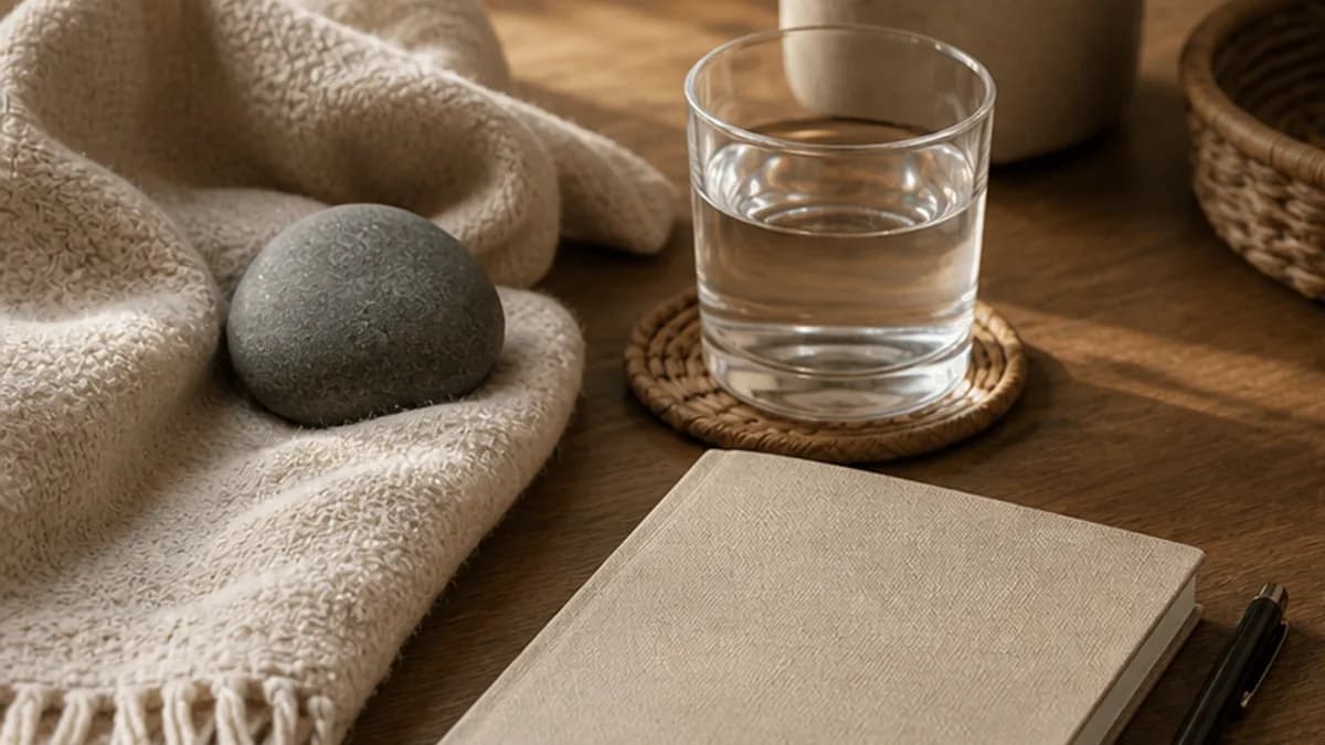 A grounding journal with water and soft blanket for trauma support
