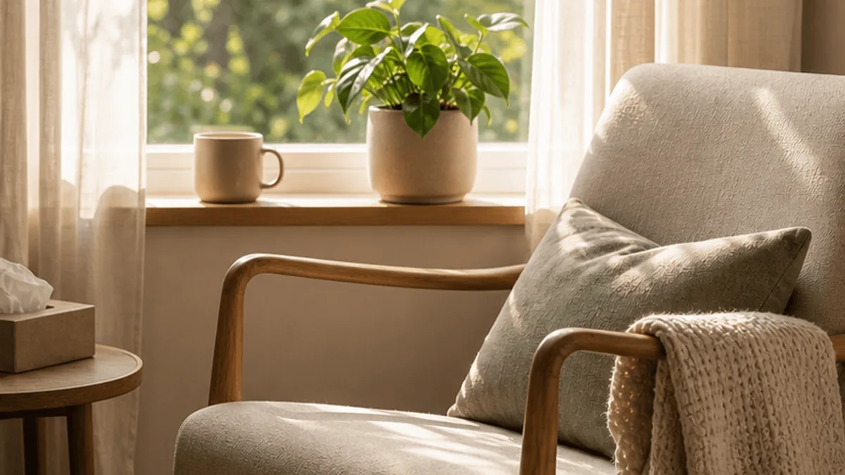 A sunlit chair and plant suggesting a safe trauma-informed support space